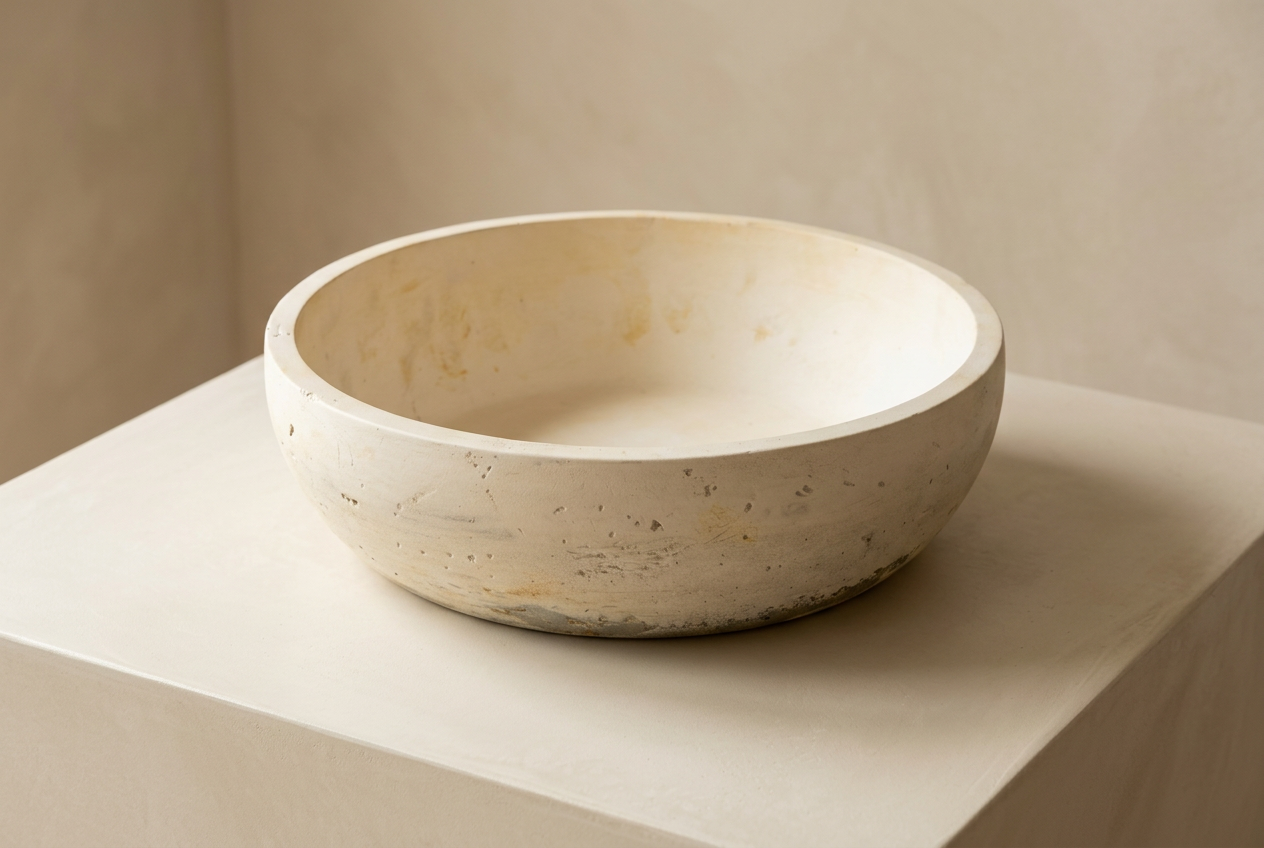 Artifact Tan Bowl Gyp — handmade gypsum bowl by Judi Chalmé Studio on a plaster pedestal